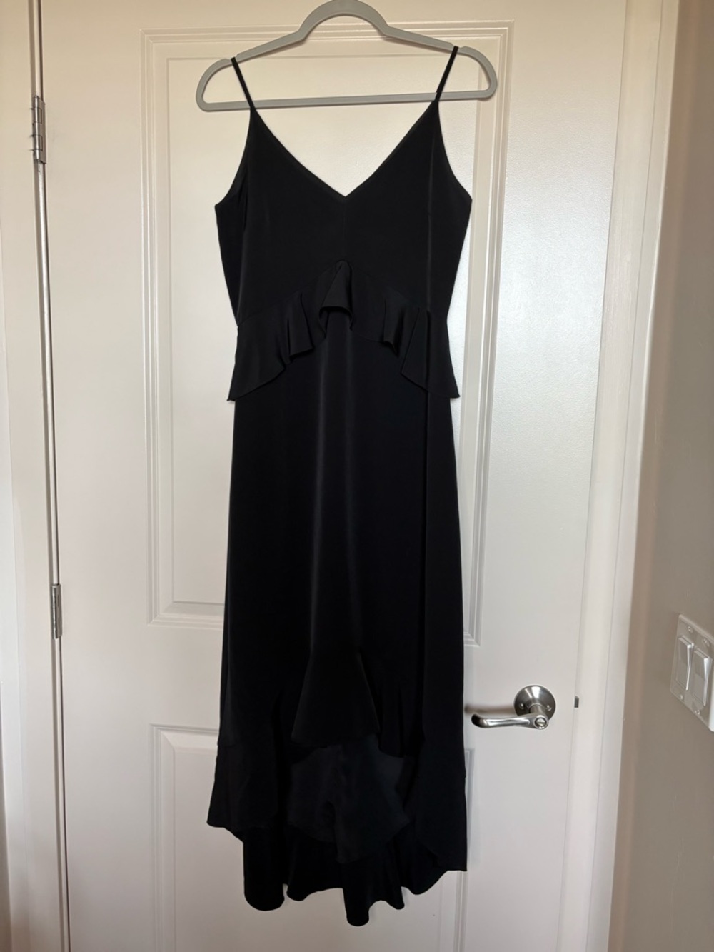 H by Halston Black Spaghetti V-Neck High Low Ruffle Peplum Dress Size XS